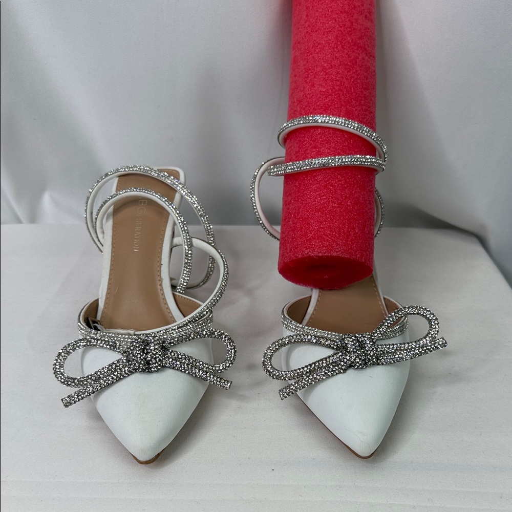 Elegant White Pointed Toe Bow Flats with Rhinestone Straps